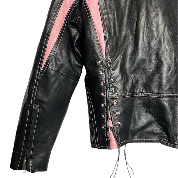 Zony Inc Leather Motorcycle Jacket Black With Pink Racing Stripes Medium - Picture 5 of 16